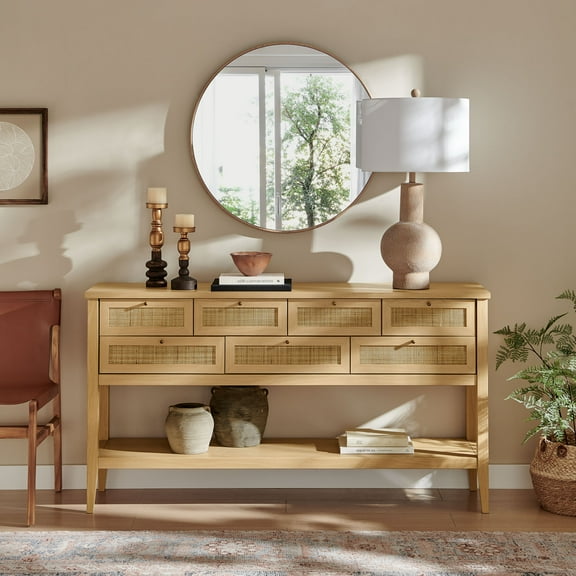 Soma 62 Inch Rattan Console Table in Oak