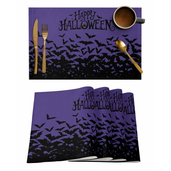 Happy Halloween Placemats Set of 6 Bat Black Vintage Purple Decoration Heat Insulation Washable Place Mats, Rustic Non-Slip Table Mats for Dining Table Party Kitchen Decor,13x19 Inch