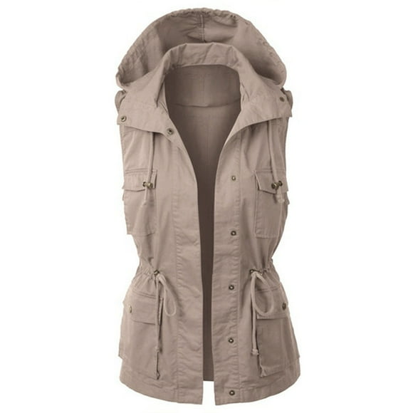 DondPO Women's Outerwear Vests Womens Hooded Vest Jacket Sleeveless Utility Vest For Women Vest wirh Hood for Women Womens Quilted Vest Brown S Clearance!