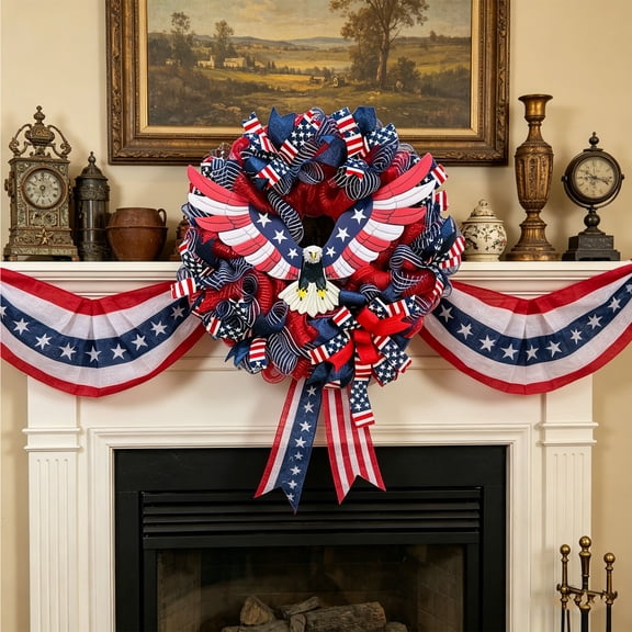 Patriotic Eagle Wreath for Front Door, Independence Day Flag Door Decor, 15.75in Plastic 4th of July Wreath for Porch Wall Hanging, Memorial Day Veterans Day Outdoor Holiday Decoration, Red Blue