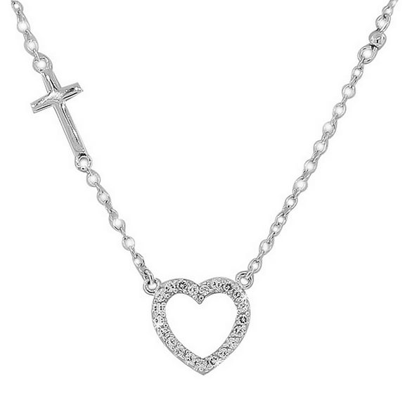 925 Sterling Silver Love Heart Cross Charm White Pendant Necklace