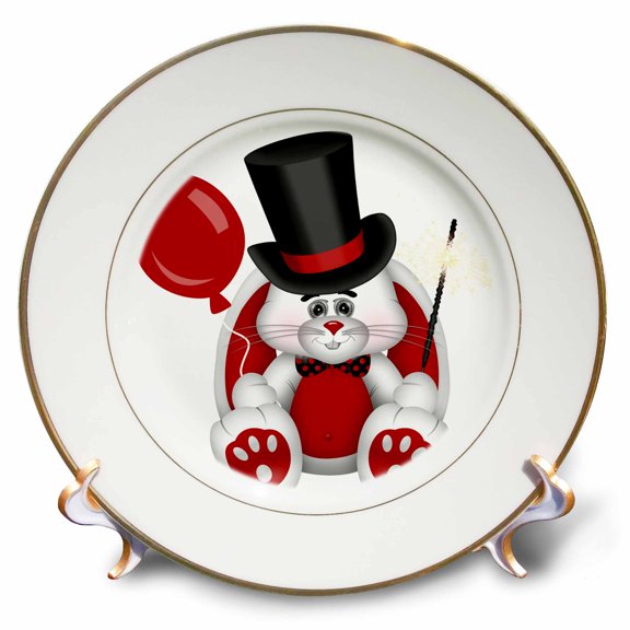 3dRose, Cute Red, White, and Black Top Hat Happy New Years Rabbit, 8 inch Porcelain Plate