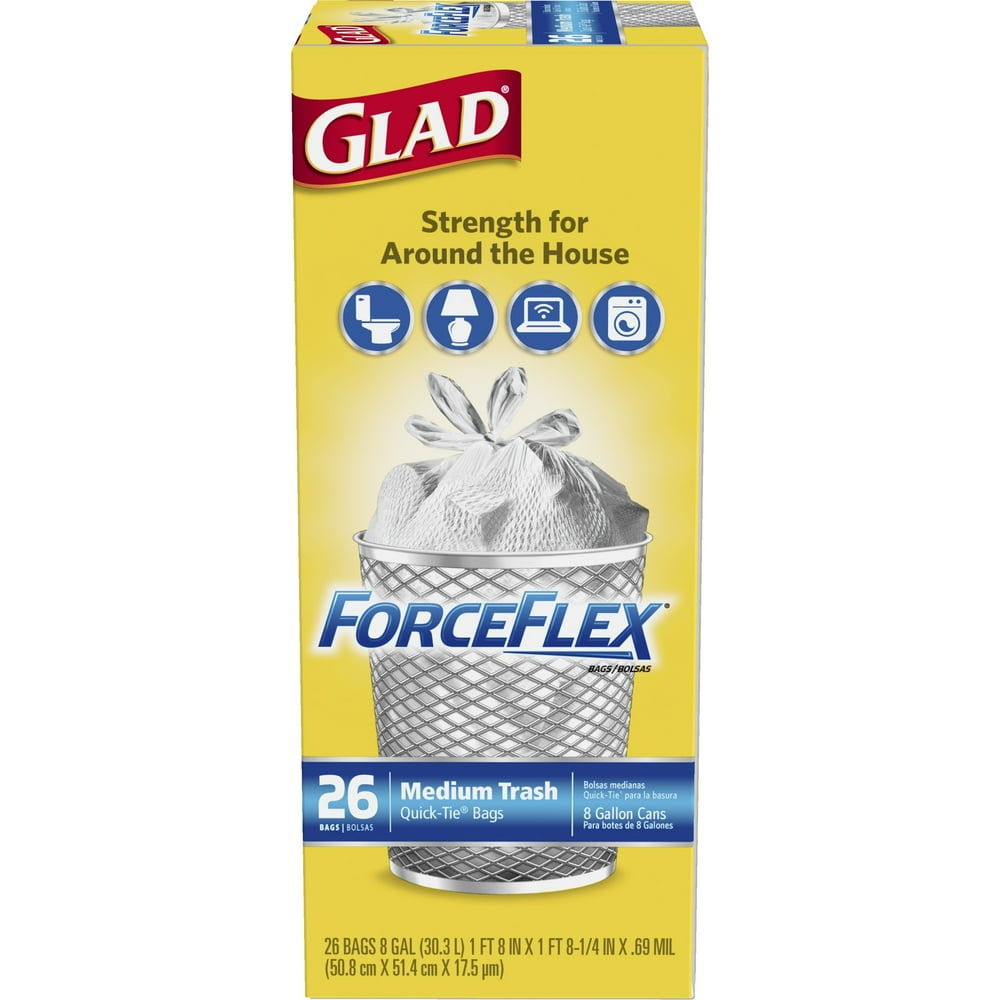Glad Medium Trash Bags, 8 Gallon, 26 Bags (ForceFlex, Quick Tie
