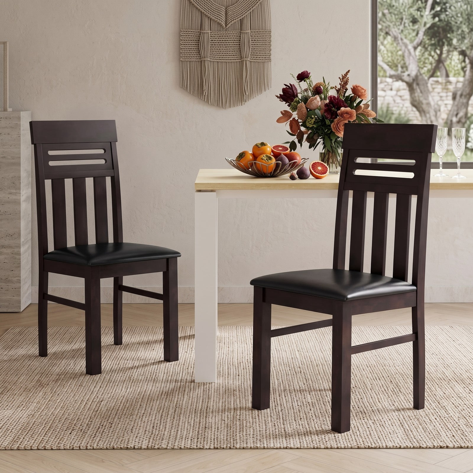Furnibear Dining Chairs Set of 2, High Back Upholstered Kitchen Chairs with Rubber Wood Legs, PU Leather & Faux Linen Padded Dining Room Chairs, 330 lbs Capacity, Brown