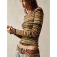 thumbnail image 2 of Women's  Multicolor Striped Ribbed Knit Long Sleeve Top Crew Neck Slim Fit Stretchy Fitted Pullover for Fall Spring Boho Retro Daily Outfits with Low Rise Denim Shorts and Belt, 2 of 8