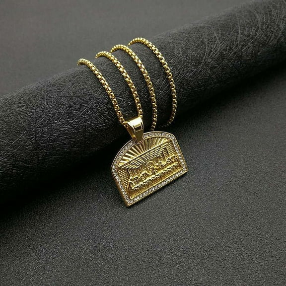 Hip Hop Bling Iced Out Rhinestones 14K Yellow Gold The Last Supper Geometric Square Pendant Necklace for Men Rapper Jewelry