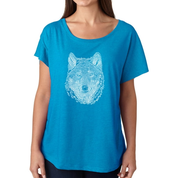 LA Pop Art Women's Dolman Cut Word Art Shirt - Wolf