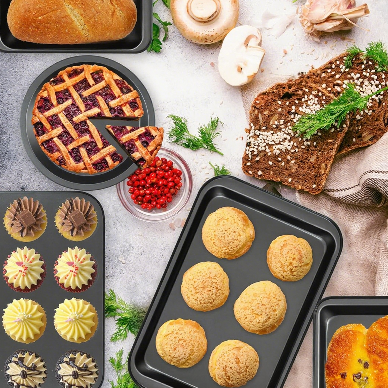 SPORTS JOY 6 Piece Baking Pans Sets for Kitchen,Stackable Nonstick Baking Pans,Carbon Steel Baking Pans Set with Cookie Sheet,Loaf Pan,Square Cake Pan,2 Pizza Pans,Muffin Pan, Dishwasher Safe