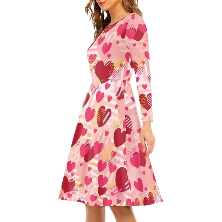 Renewold Casual Long Sleeve Women Dress Fit and Flare Valentine's Day Gifts Red Pink Hearts Knee Length Dress Skin Friendly Flowy Swing Shift Dresses