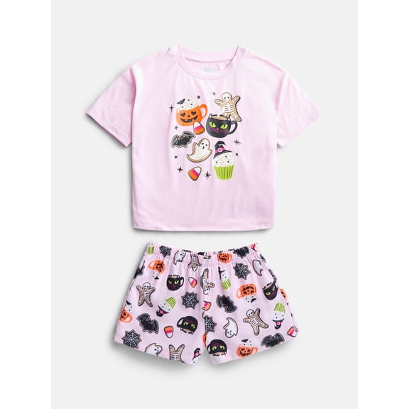 Wonder Nation Girls Short Sleeve with Shorts 2-Piece Pajama Set, Sizes 4-18