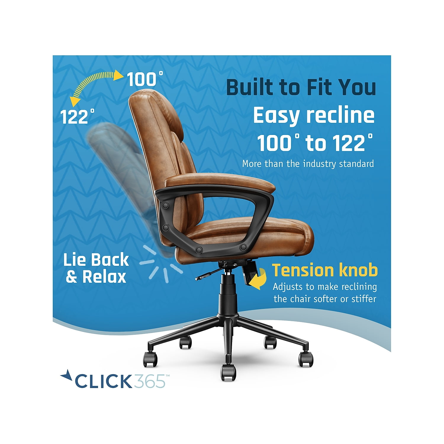 Click365 Transform 1.0 Ergonomic Mid Back Desk Chair Bonded Leather Cognac