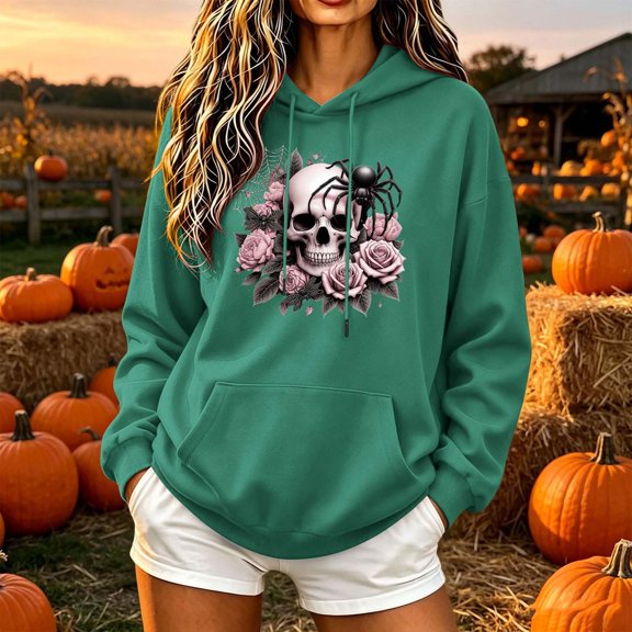 thefmos Women's Hooded Halloween Print Pullover Sweatshirt Long Sleeve Solid Color Casual Top Trendy Spooky Season Clothes, Army Green XL