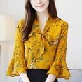 thumbnail image 4 of Floral Printed Bow Chiffon Shirt Spring Summer Three Quarter Flare Sleeve Blouse, 4 of 8