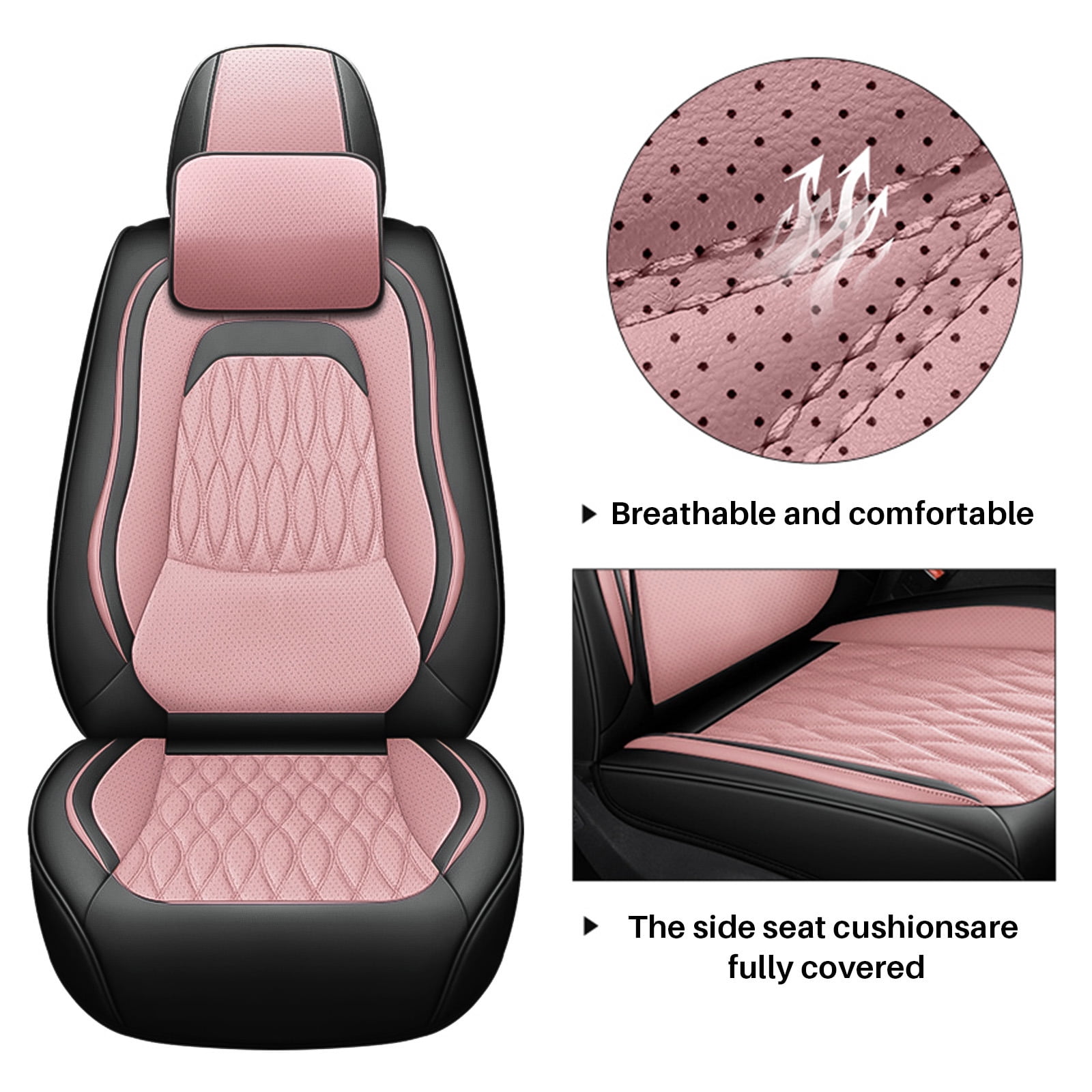 OTOEZ Universal Pink Car Seat Cover Nappa Leather 5-Seat Full Set Waterproof Front & Rear Cushion Protector Fit Most Honda Toyota Chevy Ford Nissan SUV