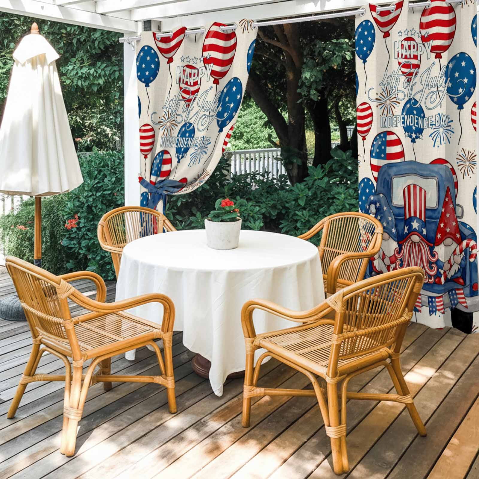 Independence Day Outdoor Curtains for Patio, Watercolor Blue Truck Colorful Balloon Cute Gnomes Sunshade Privacy Drapes Grommet Waterproof Outside Curtains for Porch/Cabana/Balcony 54"x 108", 1 Panel