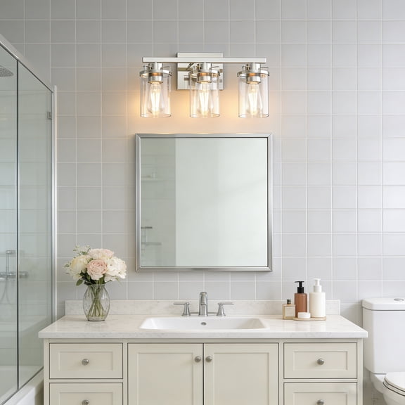 YANSUN 17.8 in 3-Light Industrial Bathroom Vanity Light Fixture with Clear Glass Shades, Brushed Nickel Wall Light for Bathroom Vanity Table, E26 Base