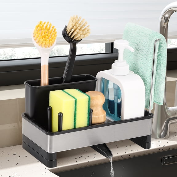 LIZEVINC Sink Caddy Organizer, Stainless Steel Kitchen Caddy with 360° Self-Drain Sponge Caddy, Removable Brush Holder, Soap & Dishcloth Storage Rack, Rustproof, Non-Slip, for Countertop Organizer