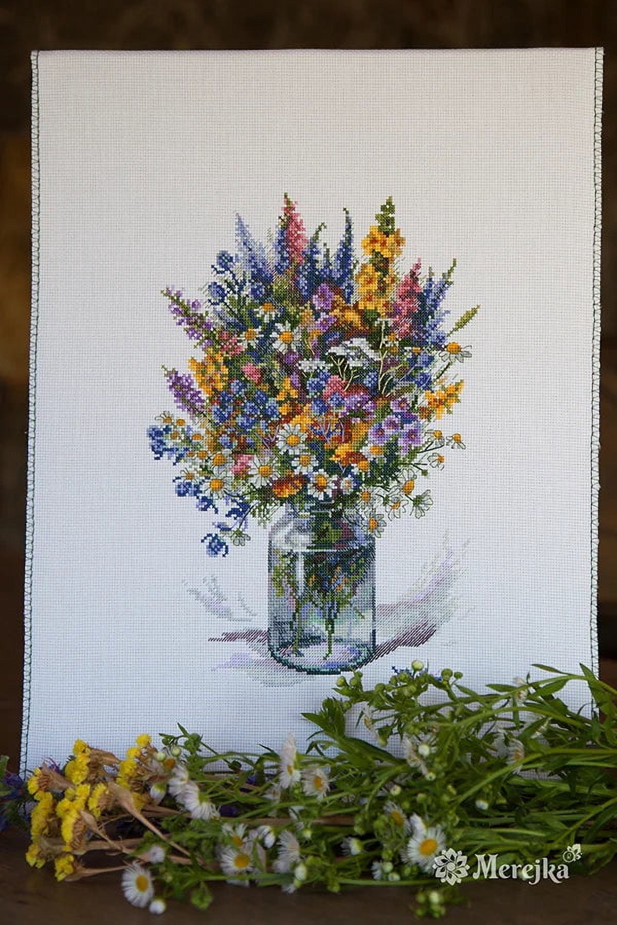 Thistle Bouquet, Merejka Counted Cross-Stitch Kit, Canvas & DMC Threads, 34 Pieces