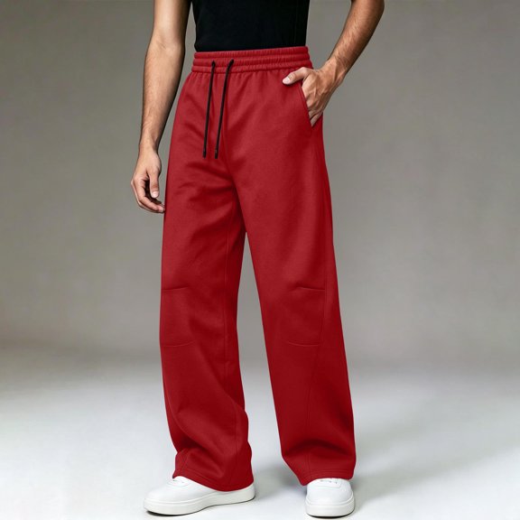 Mens Casual Sweatpants Solid Color Drawstring Elastic Waist Straight Leg Trousers Relaxed Fit Workout Pants