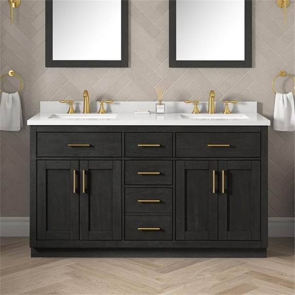 Pemberly Row 60" Double Bathroom Vanity in Black Wood with White Countertop