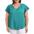 thumbnail image 1 of GRACE & GRANDEUR Blusas Casual Elegantes de Talla Grande para Mujeres con Hombros Plisados, Cuello en V, Mangas Cortas con Volantes 2X Azul Lago, 1 of 1