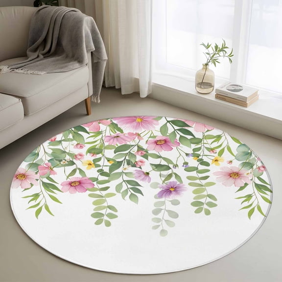 Round Rug 4Ft Washable Non-Slip, Pink Green Spring Circle Area Rugs for Living Room Bedroom, Floral Eucalyptus Leaves Watercolor Plant Indoor Floor Mats Carpet Runner for Home Decor Aesthetic