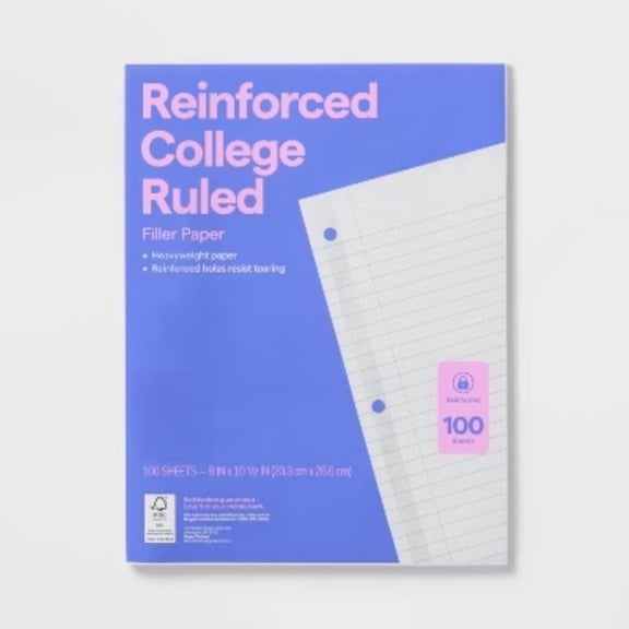 100ct College Ruled Reinforced Notebook Filler Paper  10.5x8 Inches, Loose Leaf, 20 lb, White, 100 Sheets