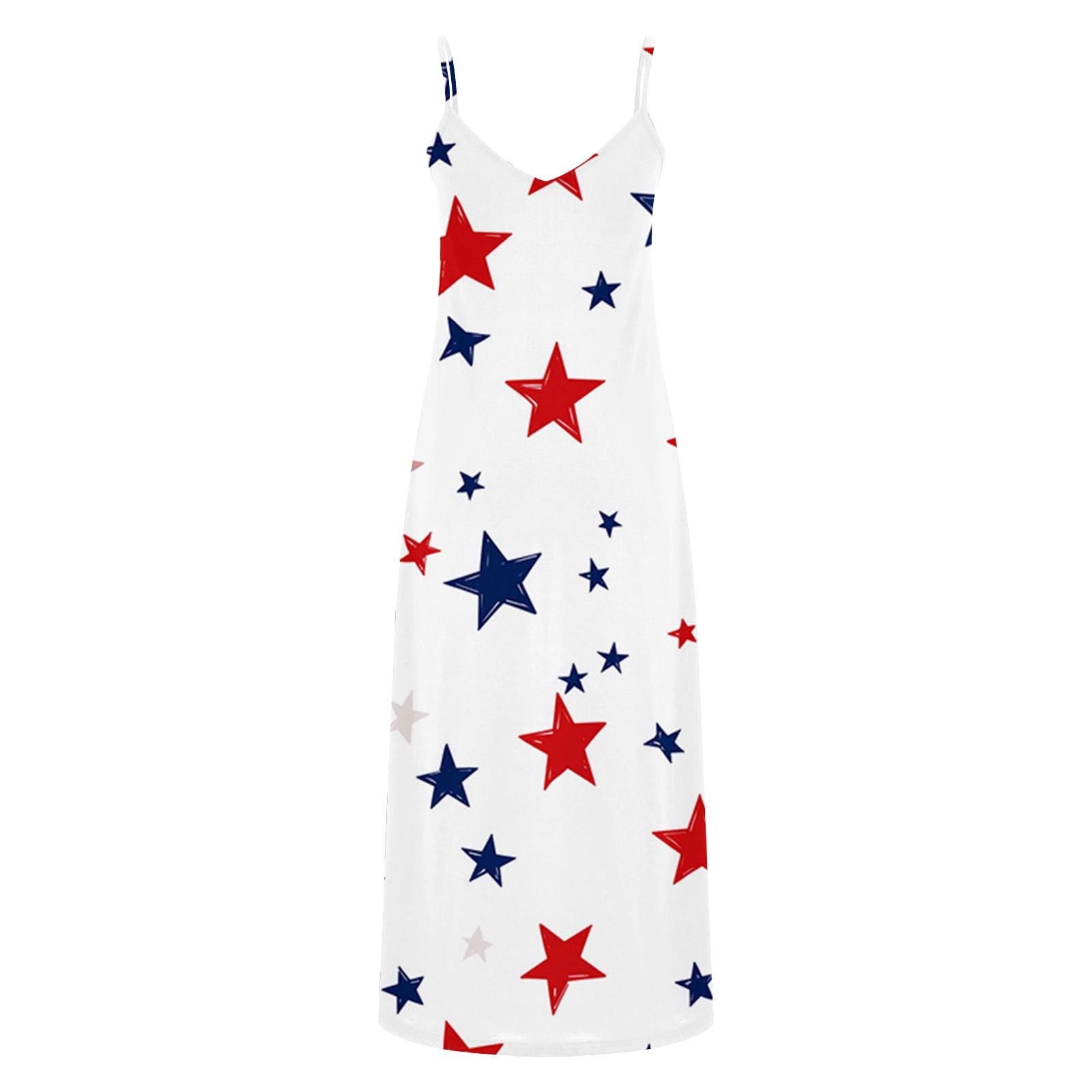 Plus Size Women 4th of July Sleeveless Dress Patriotic V Neck Maxi Dresses Spaghetti Strap Beach Long Dresses