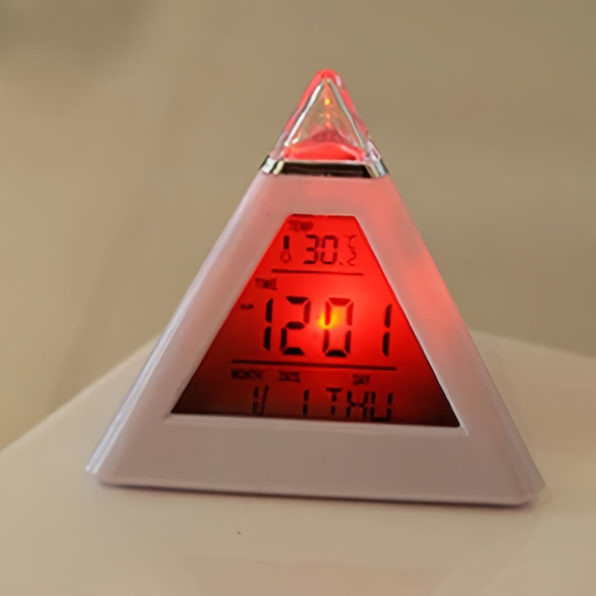Vibrant 7-Color Changing Pyramid LED Digital Alarm Clock - Battery Powered, Quiet, Music & Snooze Mode, Night Light, Desk Decoration for Bedroom Office