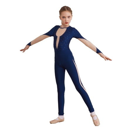 YIZYIF Kids Girls Figure Skating Long Jumpsuit Gymnastics Dance Unitard Long Sleeve Acrobatics Tumbling Leotard Navy Blue 16