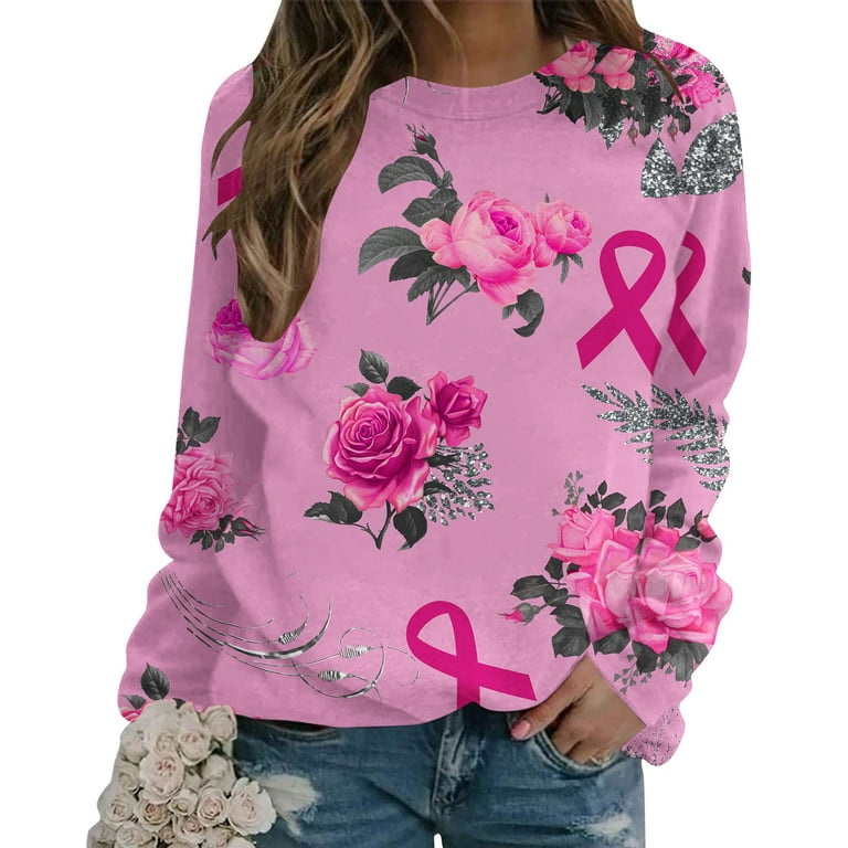 REORIAFEE Breast Cancer Women's T-Shirt Plus Size Long Sleeve Round Neck  Pink Tee Shirts Women Pink1 XXXL 