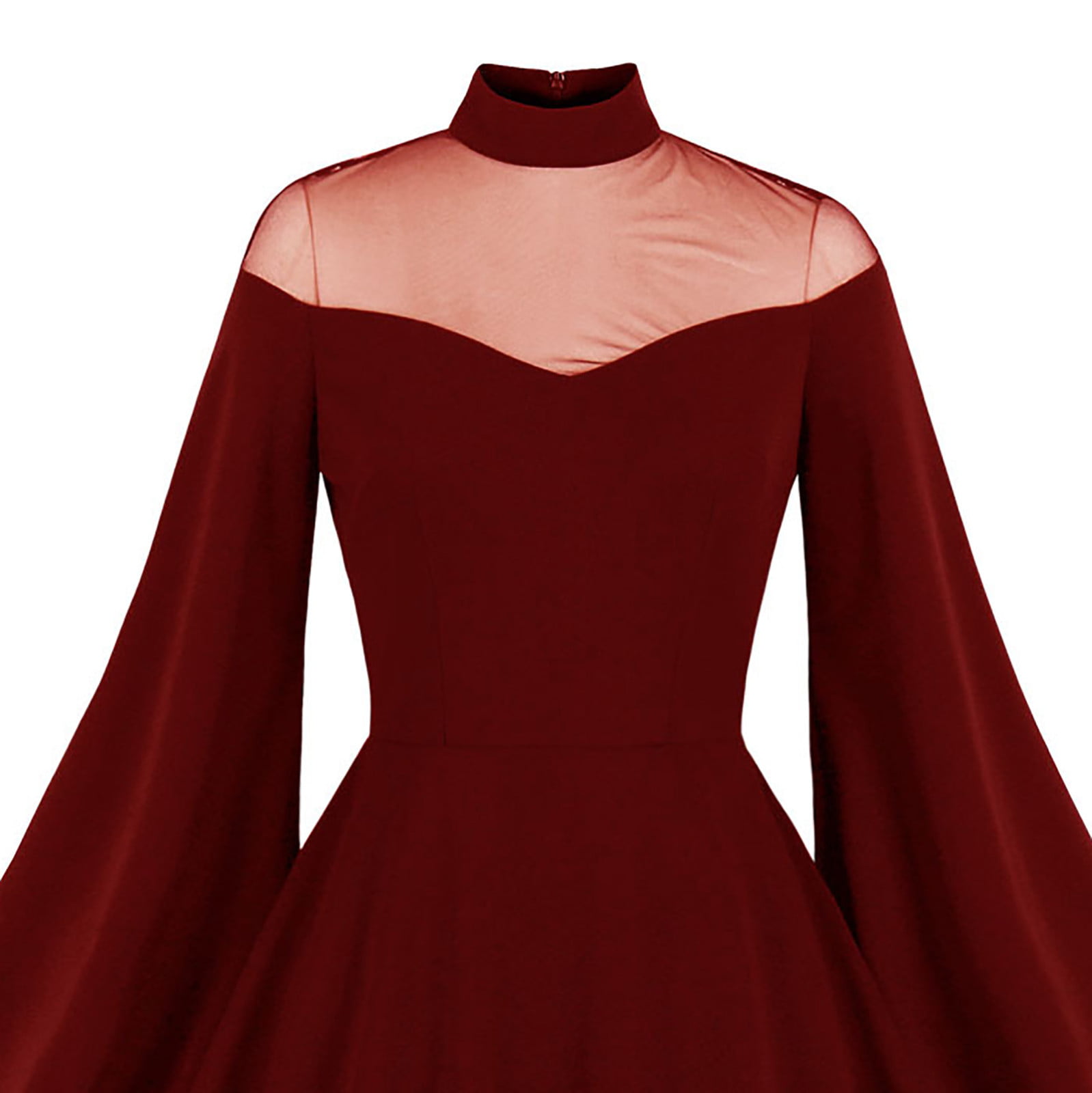 Halloween Womens Dress Plus Size Butterfly Sleeve Turtleneck Solid Color Dress Long Sleeve Mesh Vintage Flared Dress 