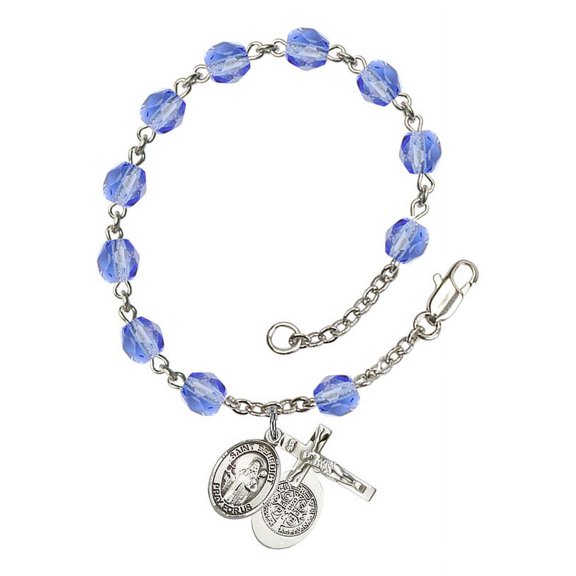 St. Benedict Silver Plate Rosary Bracelet 6mm September Blue Fire Polished Beads Crucifix Size 5/8 x 1/4 medal charm