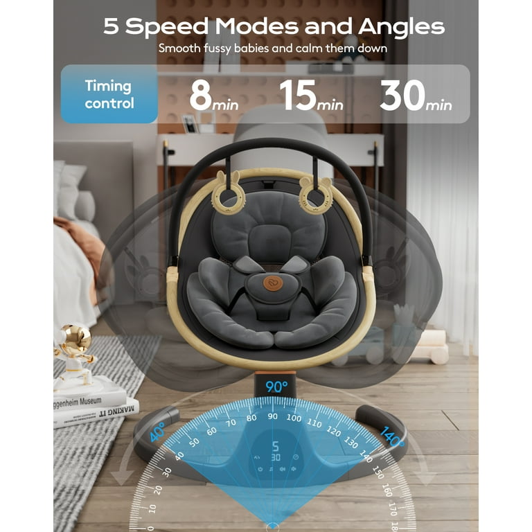 Baby Swing, Portable Bluetooth Infant Swing with Timer, 5 Speeds, 10 Lullabies, 5-Point Harness, Black
