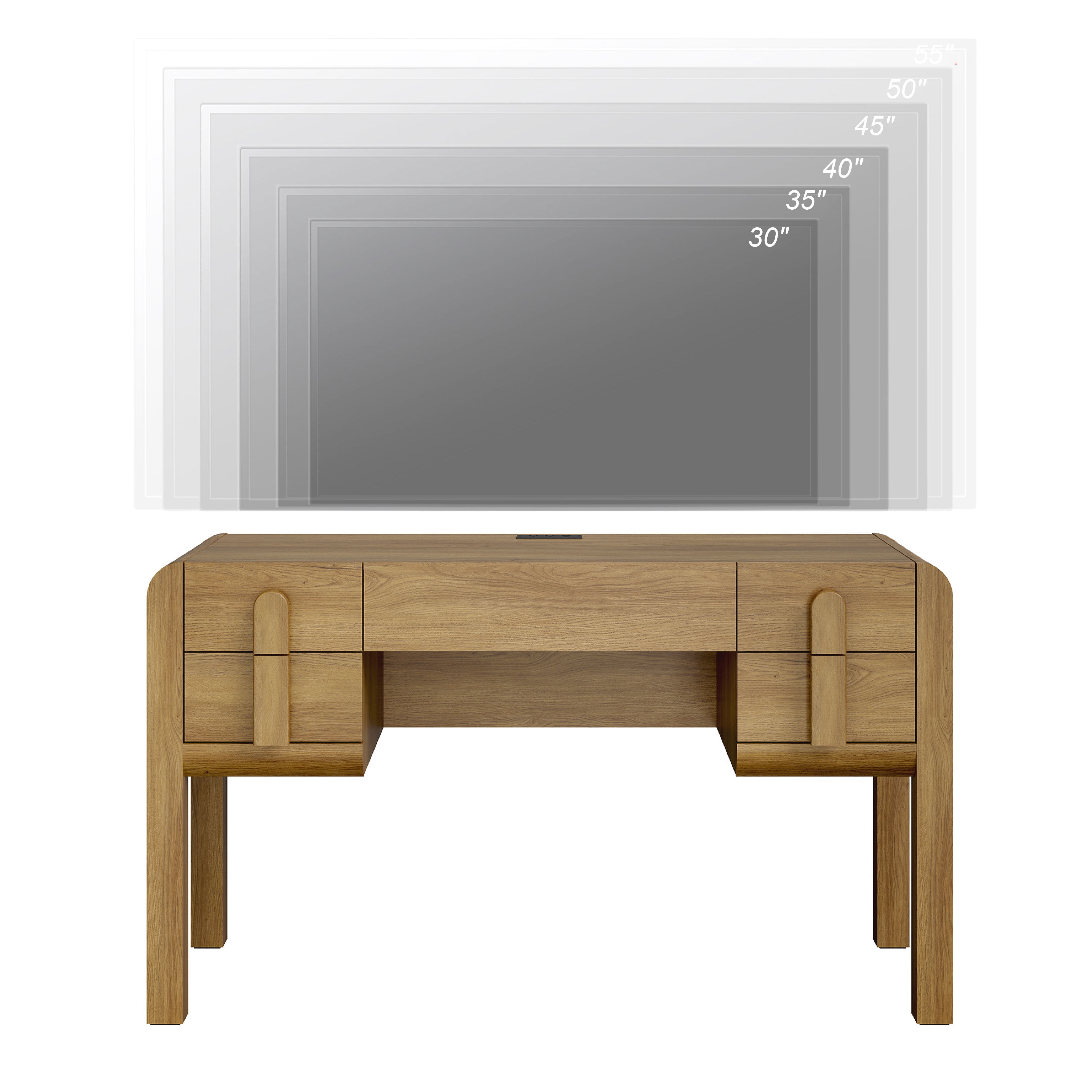 53.5"W Mid-century Modern Executive Desk with 5 Drawers , Home Office Desk With Charging Station，Wood Computer Desk With Curved Profile Design，Standing Desk For Business Furniture Set Workstation