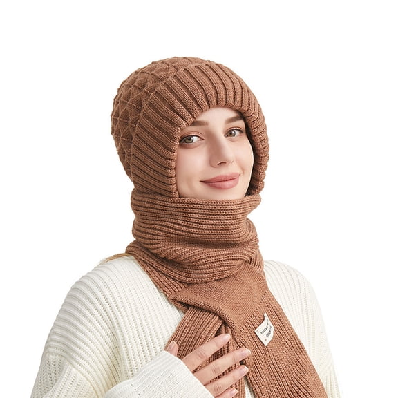 Heisall Women's Winter Thickened Warm Knit Hat Scarf Set Ear Protection Conjoined Hat for Daily Outdoor Wear
