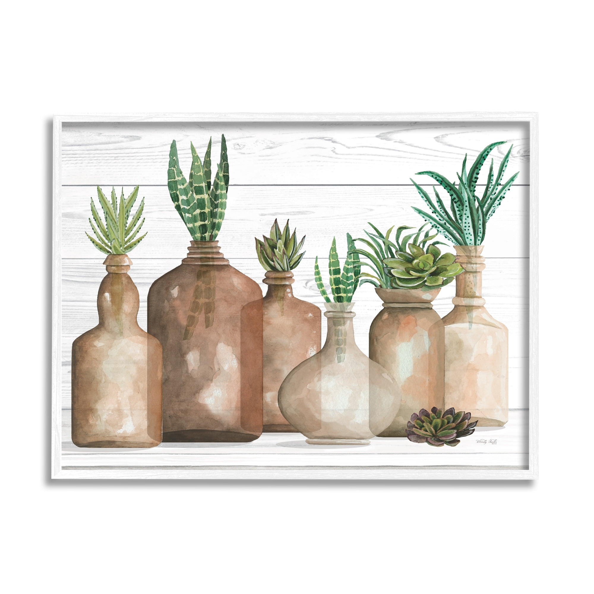 Stupell Industries Various Succulents Plants Vases Jars Striped Leaves Graphic Art White Framed Art Print Wall Art, Design by Cindy Jacobs