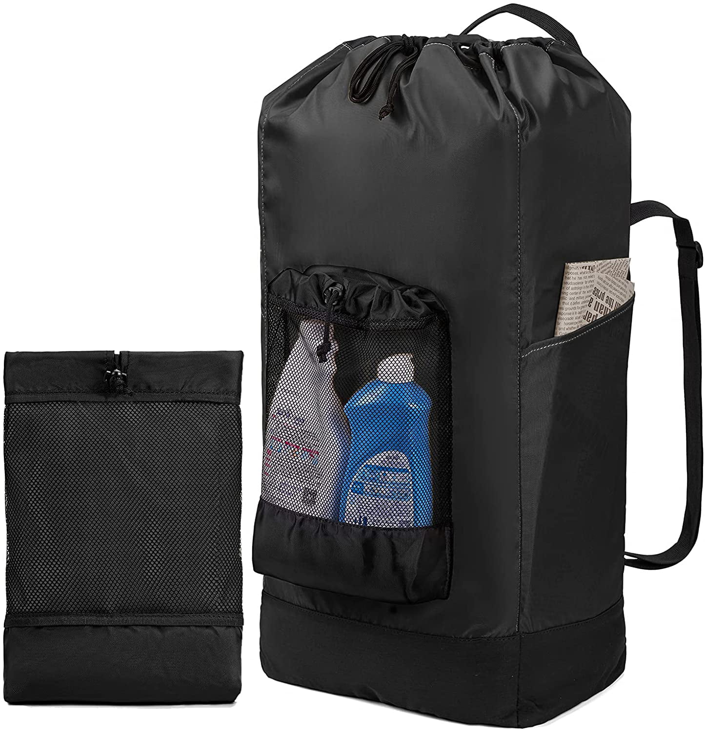KALIDI Laundry Backpack 60L Foldable Laundry Bag with Shoulder Straps Mesh Pocket 600D Durable Nylon Washing Backpack Drawstring Closure for College Dorm Laundromat Apartment Travel Camp 