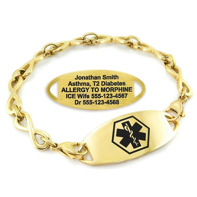 MedicEngraved Yellow Gold Stainless Steel Custom Medical Alert Bracelet - 6mm Infinity Link