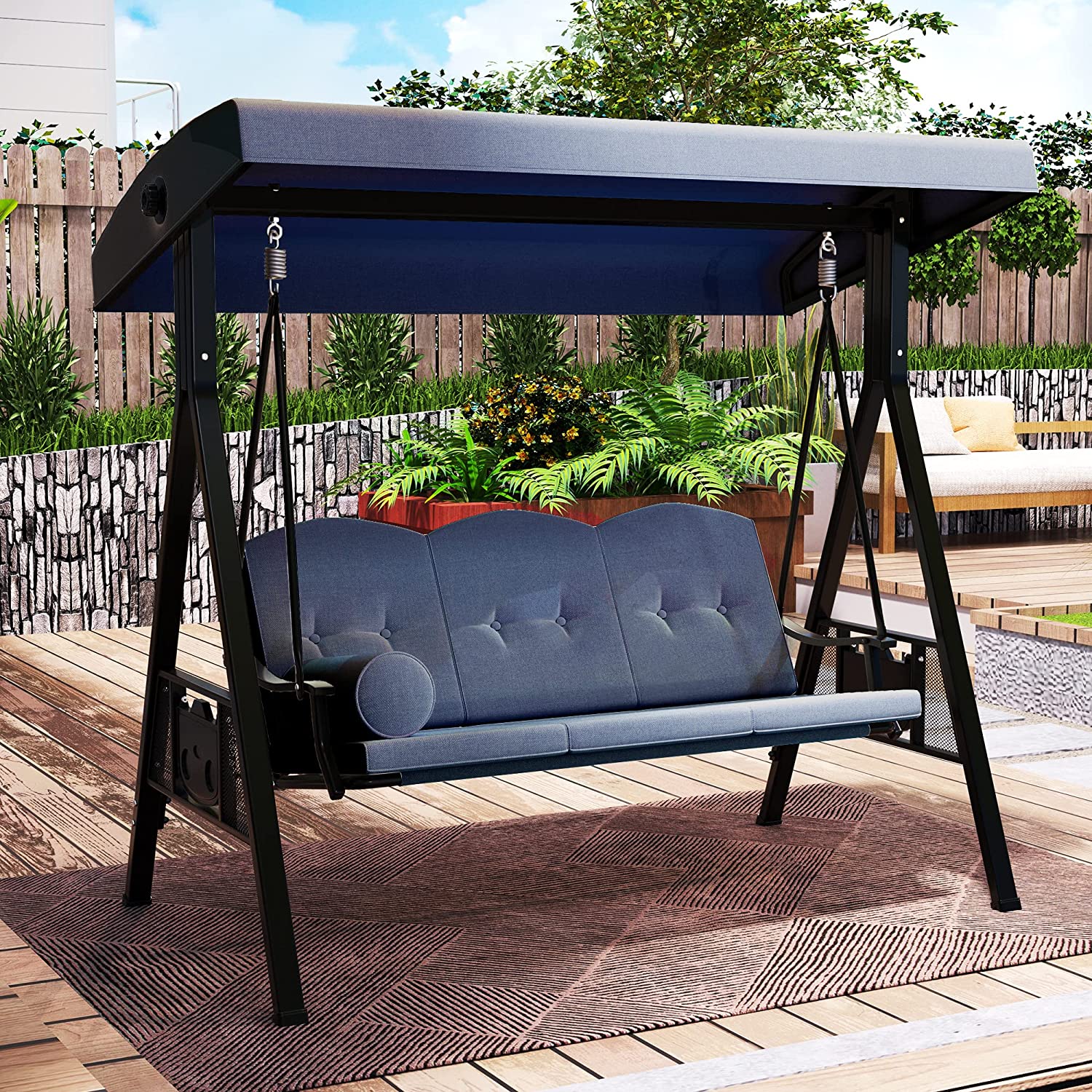 Dextrus Outdoor Patio Swing Chair, 3 Person Porch Swing with Adjustable Canopy, Removable Cushion,Suitable for Garden, Poolside, Balcony,(Navy)