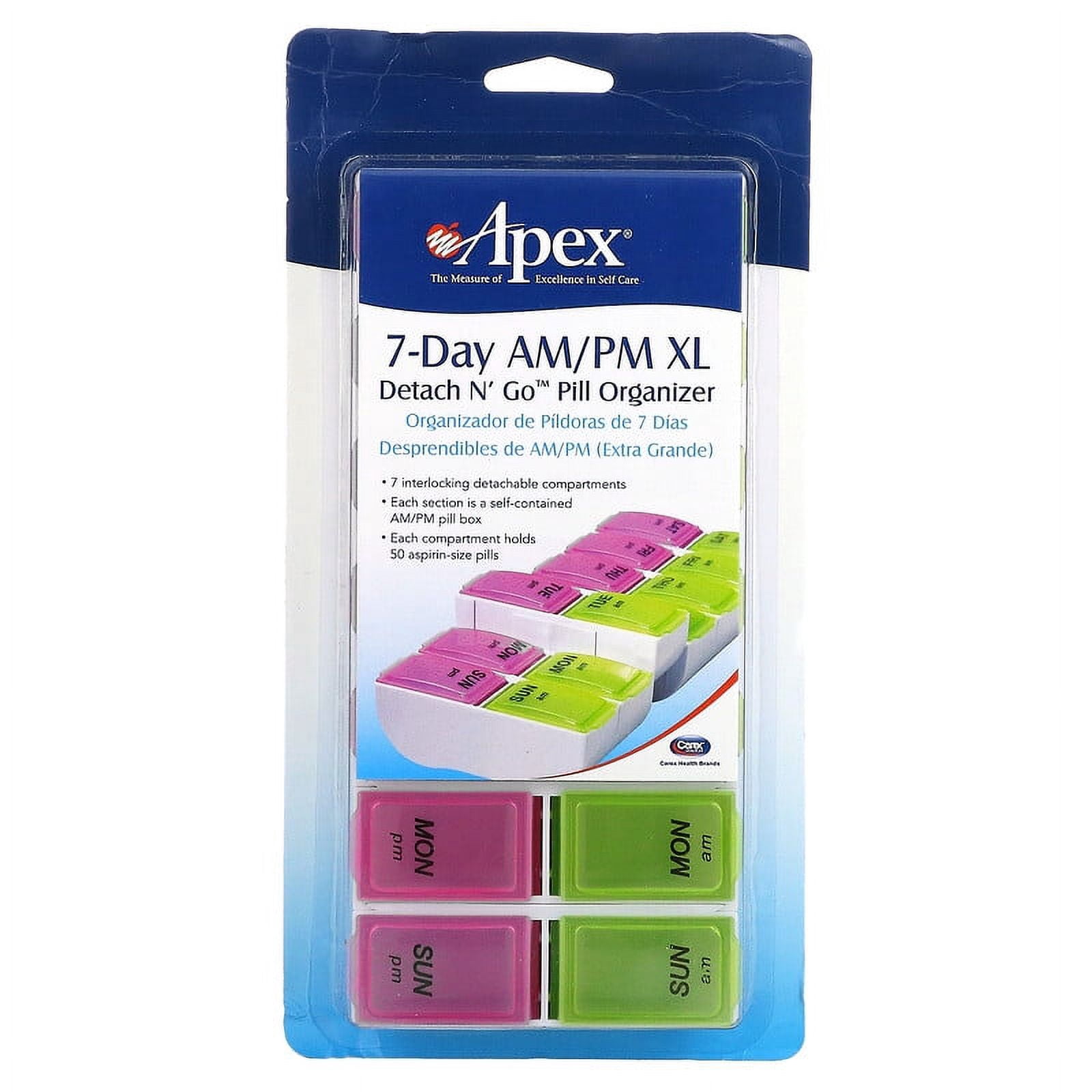 Apex, 7-Day AM/PM XL, Detach N' Go Pill Organizer, 1 Pill Organizer Pack of 4