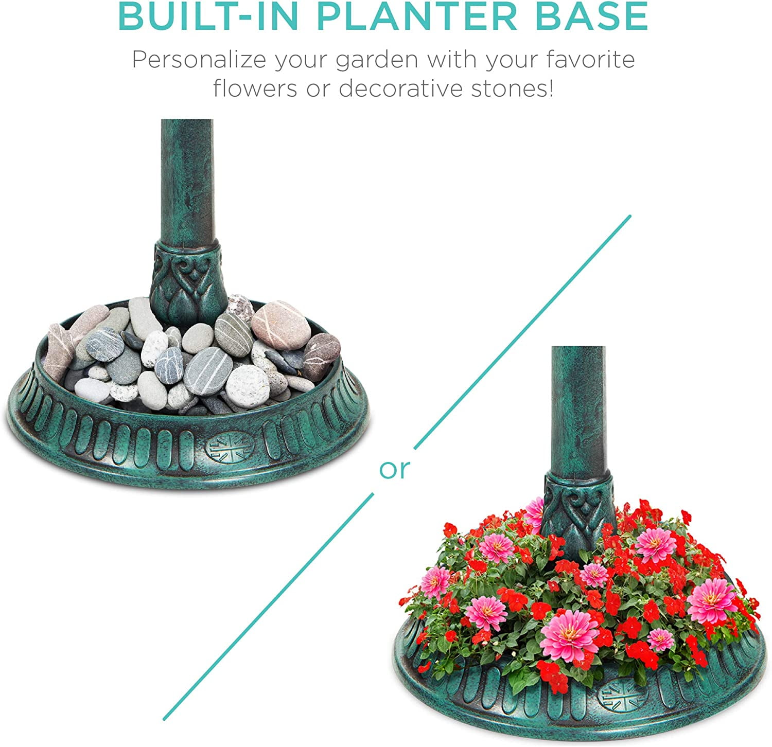 Solar Outdoor Bird Bath Vintage Resin Pedestal Fountain Decoration for Yard, Garden w/Planter Base, Feeder, Decorative Bird Cage, Fillable Stand - Green