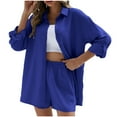 thumbnail image 1 of Mikilon Ensemble Élégant pour Femmes 2 Pcs Mode Col à Revers Bouton Poche Chemise à Manches Longues Short Large Deux Pièces Mode et Confortable Ensemble Col à Revers Bleu L, 1 of 8
