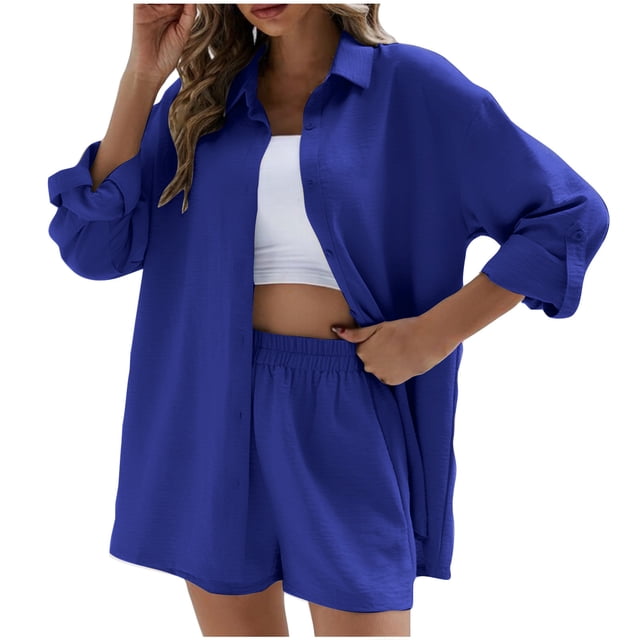 Mikilon Ensemble Élégant pour Femmes 2 Pcs Mode Col à Revers Bouton Poche Chemise à Manches Longues Short Large Deux Pièces Mode et Confortable Ensemble Col à Revers Bleu L