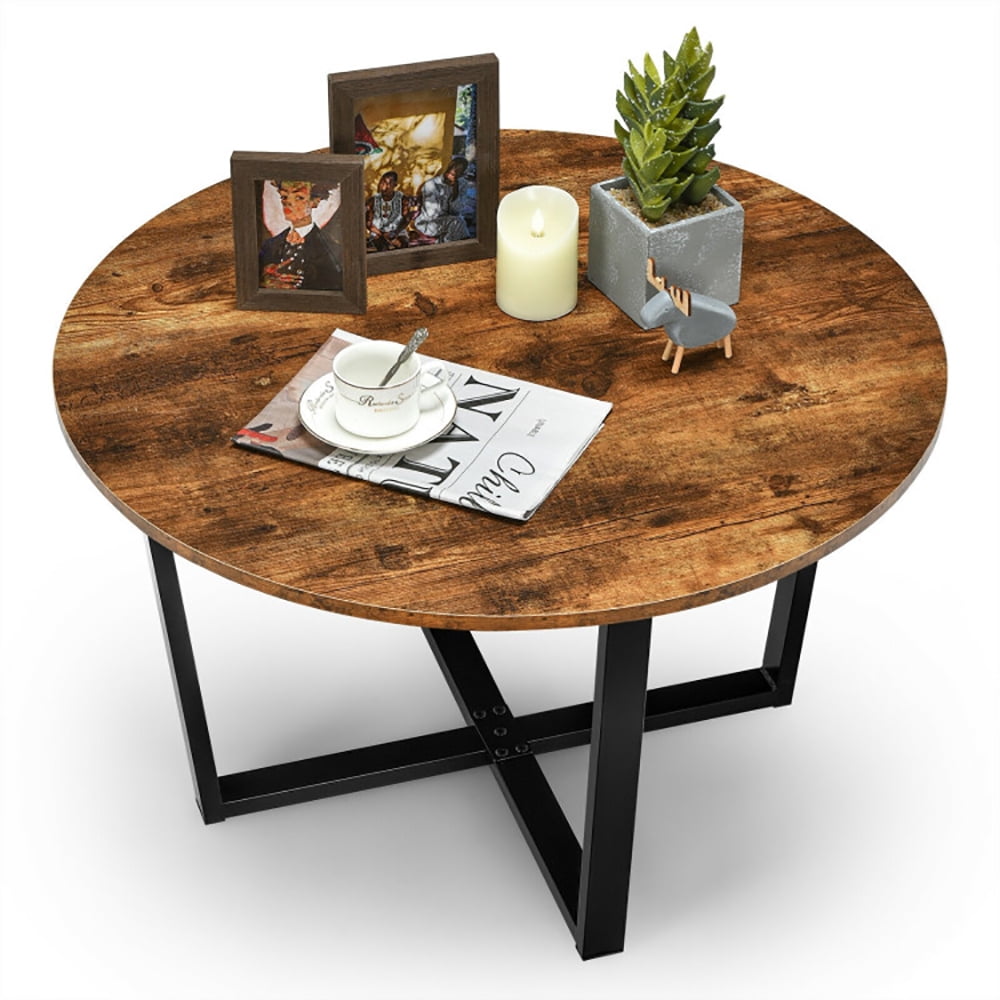 Finihen Round Coffee Table, Round Industrial Style Cocktail Side Coffee Table With Metal Frame, for Living Room, Reception Room, Brown Finihen Round Coffee Table, Round Industrial Style Cocktail Side Coffee Table With Metal Frame, for Living Room, Reception Room, Brown