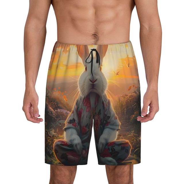 Fotbe Flower Meditating Rabbit Pantalones Cortos de Pijama para Hombre, Ropa de Dormir, Pantalones de Pijama Cortos para Hombre-Medium