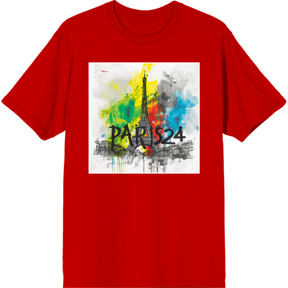 Colorful Eiffel Tower Adult Red Crew Neck Short Sleeve Tee-3XL