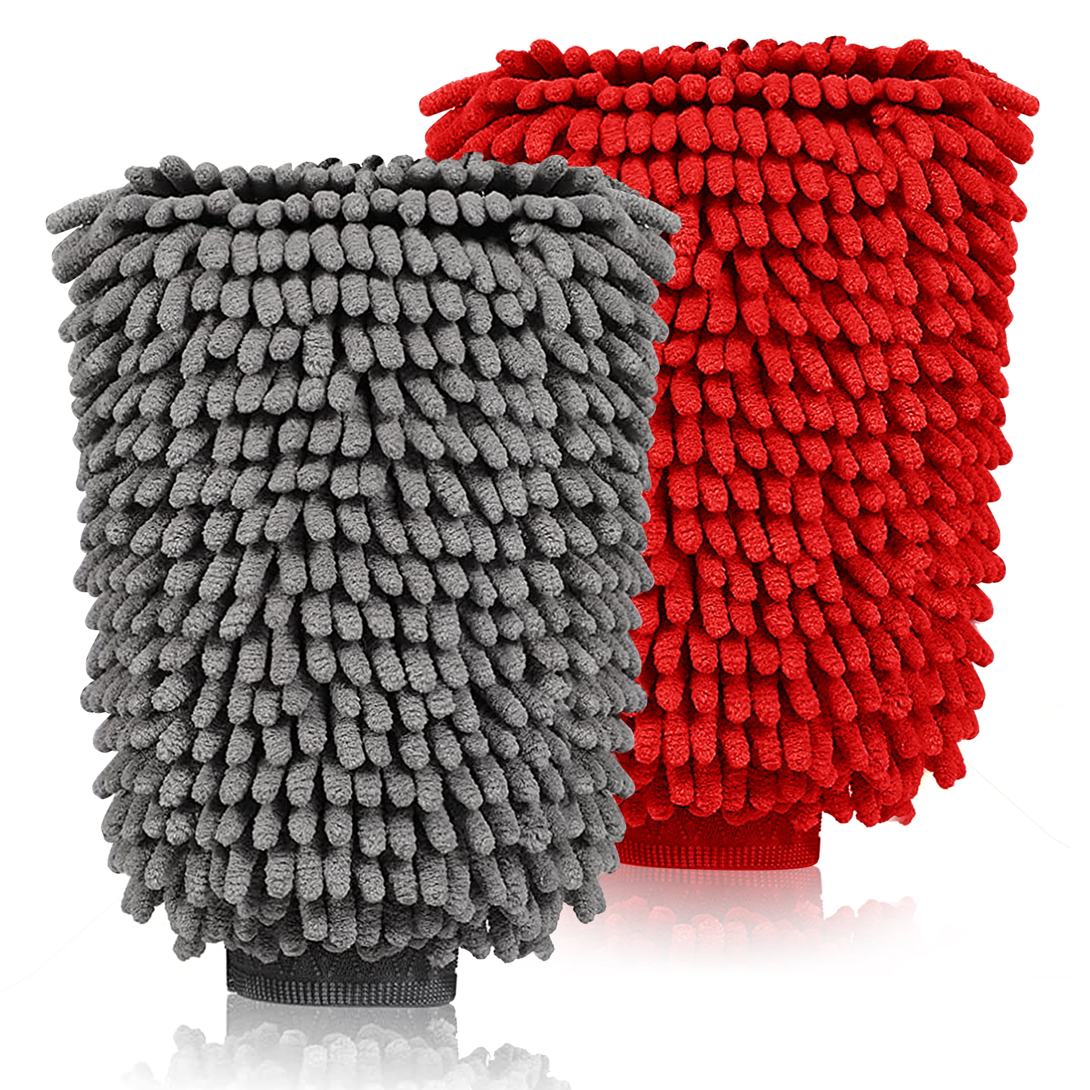 Car Wash Mitts Cleaning Kit for Auto Care,Chenille Microfiber Gloves,Washing Gloves for Car Waxing and Polishing,Thread Surface Cleaning Set for Car Drying,Grey & Red(2 Pack )