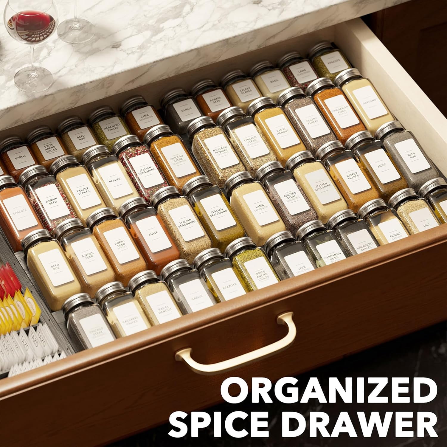 SpaceAid Bamboo Spice Drawer Organizer, Expandable, from 12" to 23" Wide (Need 3" Deep Drawer, Jars Not Included), Black
