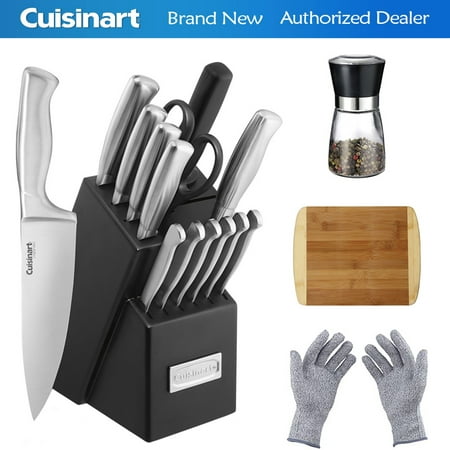 Cuisinart (C77SS-15PK) Stainless Steel Hollow Handle 15-Piece Cutlery Knife Block Set w/ Chef's Bundle Includes, Spice Mill, Two Tone Bamboo Cutting Board, Protective Safety (Best Knife For Cutting Chicken Bones)